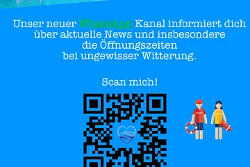 Außenansicht eines Freibads mit Rutsche und Becken. Text informiert über WhatsApp-Kanal für Neuigkeiten und Öffnungszeiten.