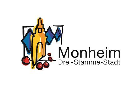 Logo der Drei-Stämme-Stadt Monheim Logo der Stadt Monheim mit stilisiertem gelben Gebäude, blauen Rauten und roten Kreisen. Text: "Monheim Drei-Stämme-Stadt".