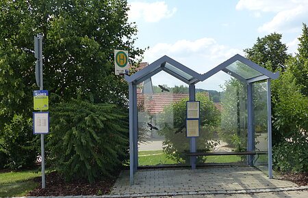 Bushaltestelle mit Glasüberdachung, umgeben von Bäumen und Sträuchern, mit Fahrplan und Haltestellenschild.