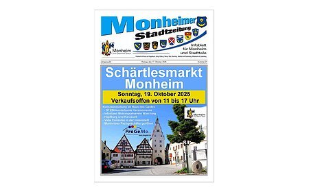 Titelseite der Monheimer Stadtzeitung Ausgabe 21-2025 Titelblatt der Monheimer Stadtzeitung vom 17. Oktober 2025 mit der dazugehörigen Überschrift in blau/schwarz, Wappen der Stadt Monheim und der dazugehörigen Stadtteile und mit dem Logo der Stadt Monheim. Auf der Titelseite die Ankündigung des nächsten Schärtlesmarktes am 19. Oktober 2025. Auf dem Bild ist ein Teil der Monheimer Innenstadt mit einem Uhrenturm zu sehen auf blauem Hintergrund.