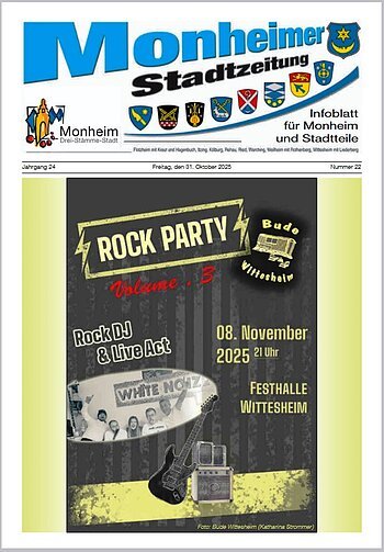 Titelblatt der Monheimer Stadtzeitung vom 31. Oktober 2025 mit der dazugehörigen Überschrift in blau/schwarz, Wappen der Stadt Monheim und der dazugehörigen Stadtteile und mit dem Logo der Stadt Monheim. Auf der Titelseite die Ankündigung für eine Rockparty am 8. November 2025 in Wittesheim. Auf dem Bild das Logo der Bude Wittesheim mit einem Foto von fünf Personen nebeneinander sitzend. Etliche Angabe zur Party auf dem Bild mit grünem Hintergrund.