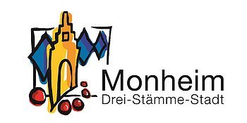 Logo der Stadt Monheim mit stilisiertem gelben Gebäude auf der linken Seite, blauen Rauten hinter dem Gebäude und roten Kreisen darunter. Text: "Monheim Drei-Stämme-Stadt" rechts neben der Zeichnung des Gebäudes. Weißer Hintergrund