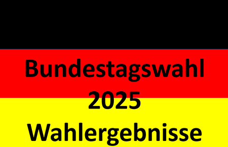 Schriftzug Bundestagswahl 2025 Wahlergebnisse vor Deutschlandflagge in den Farben Schwarz, Rot, Gelb.