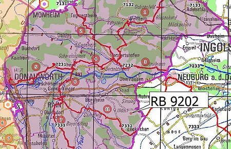 LDBV-Karte Höhenmessungen Kartenausschnitt mit Gebiet RB 9202, markiert durch violette Umrandung, zeigt Orte und Straßen im süddeutschen Raum.