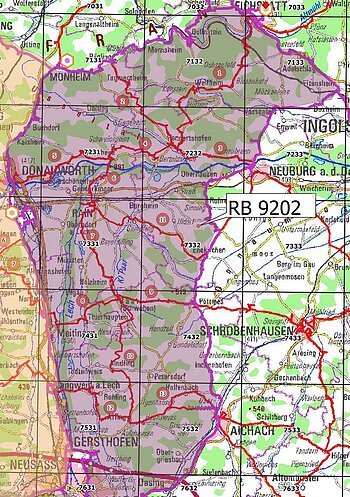 Kartenausschnitt mit Gebiet RB 9202, markiert durch violette Umrandung, zeigt Orte und Straßen im süddeutschen Raum.